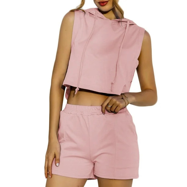 Summer Sexy Sleeveless Drawstring Hooded Crop Top+Elastic Waist Shorts 2 Piece Set Solid Casual O... | Walmart (US)