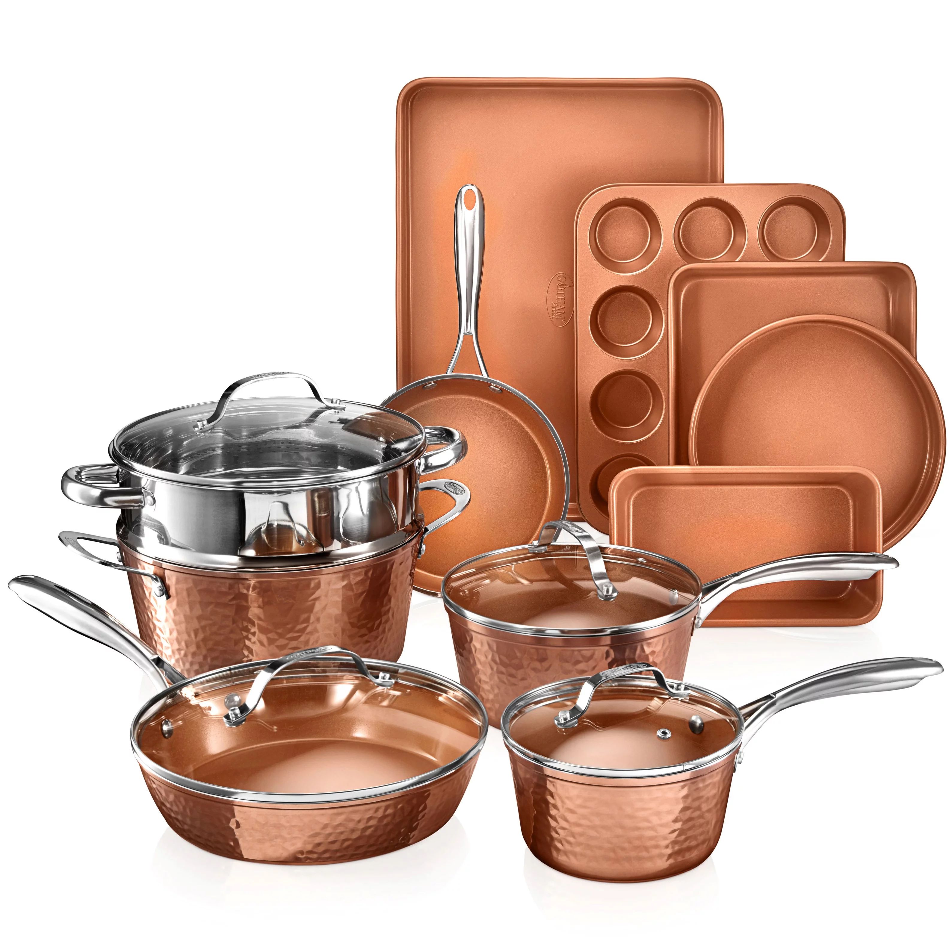 Gotham Steel Hammered Collection Pots and Pans Set, 15-Piece Premium Cookware & Bakeware Set, Non... | Walmart (US)
