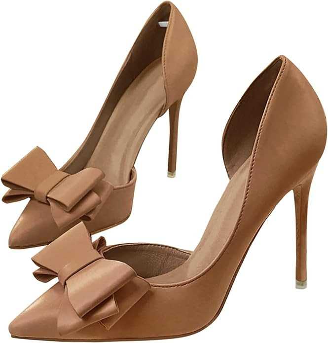 Womens Bow Heels Closed Pointed Toe Dress Shoes Stiletto Slip on Wedding Pumps | Amazon (US)