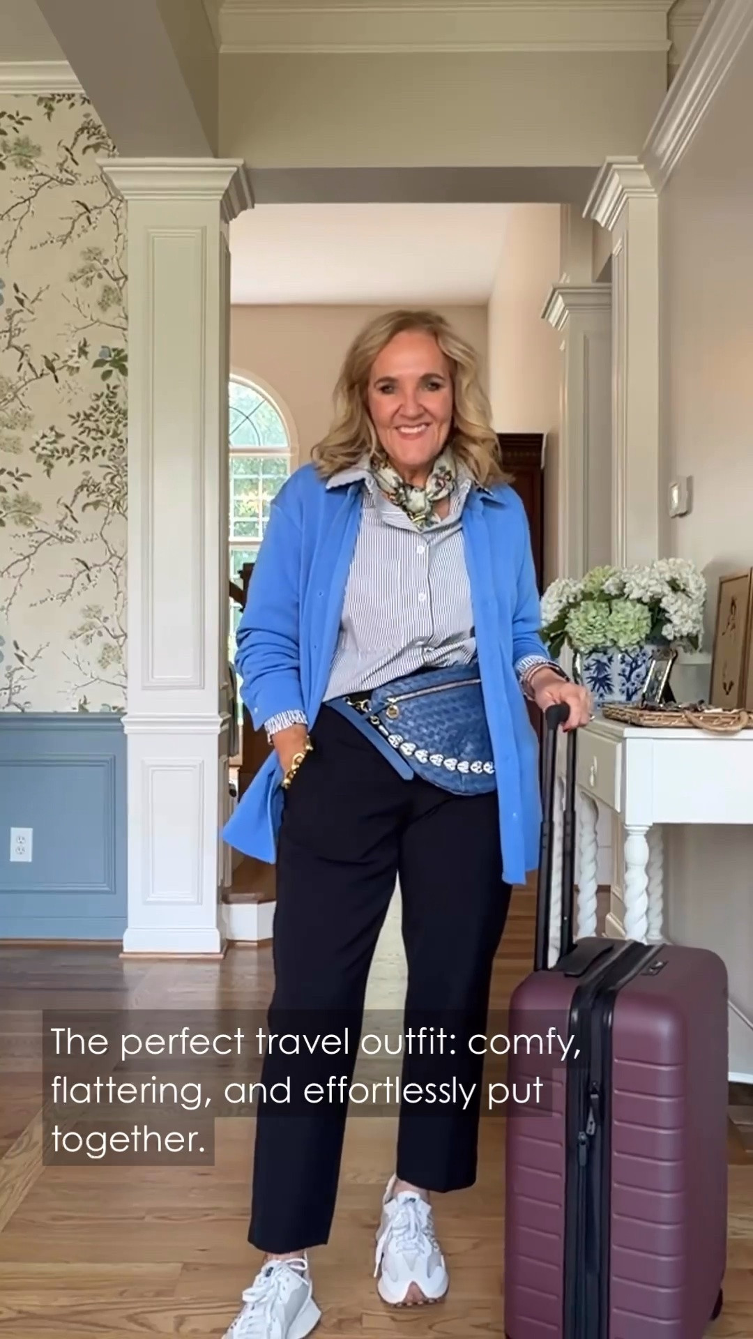 This blue cardigan, striped shirt, and black pants make a comfortable, polished travel look. Sneakers and a pretty scarf keep it practical without looking too casual.

💡 LTK MADE EASY
❤️ Heart = Support my posts!
🔖 Save = Get sale & restock alerts
📋 Lists = Keep favorites organized
📲 Share = Send lists and products to a friend. Hello, Christmas List!
💬 Comment = Ask me anything about what I'm wearing.:-)

#LTKootd #LTKTravel #LTKOver40