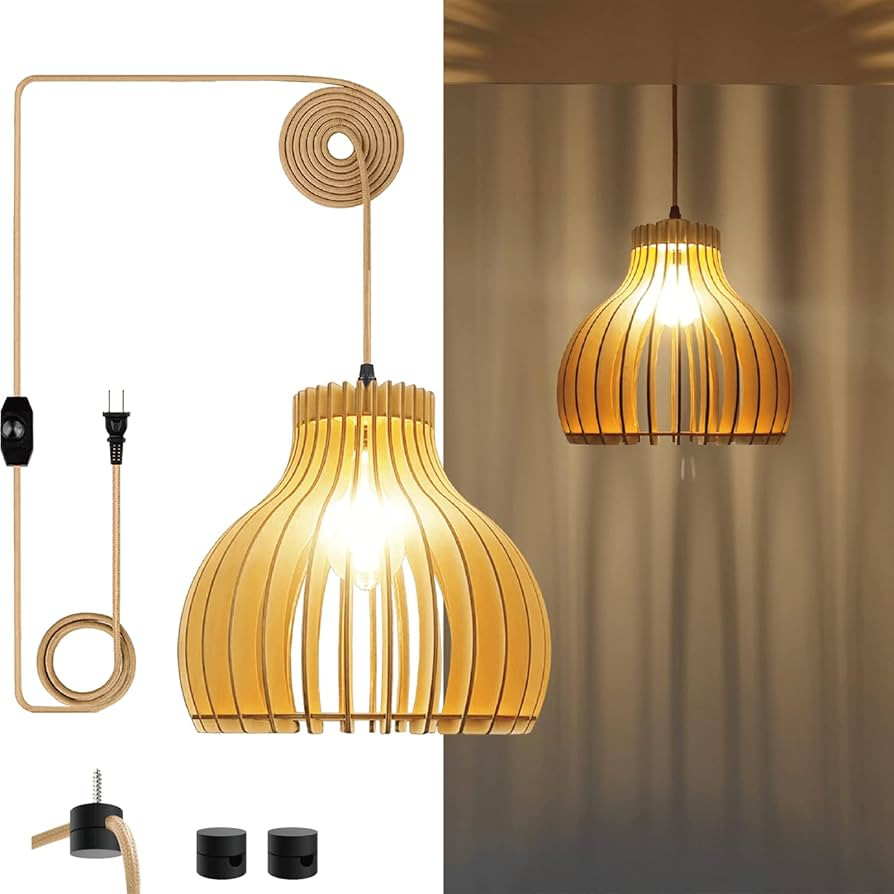 FINNCHY Plug in Pendant Light, Wood Hanging Lamp with Dimmable Switch 15ft Rope Cord, Boho Hangin... | Amazon (US)