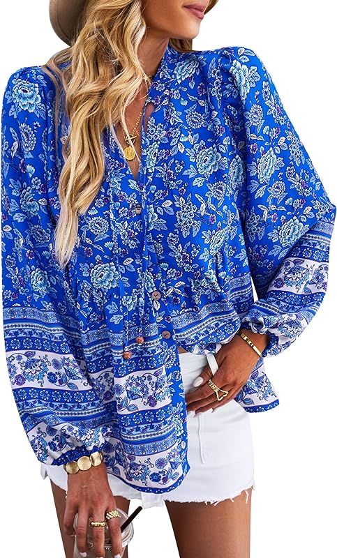 KAYWIDE Women's Casual Boho V Neck Top Loose Floral Printed Long Sleeve Beach Shirts Blouses | Amazon (US)