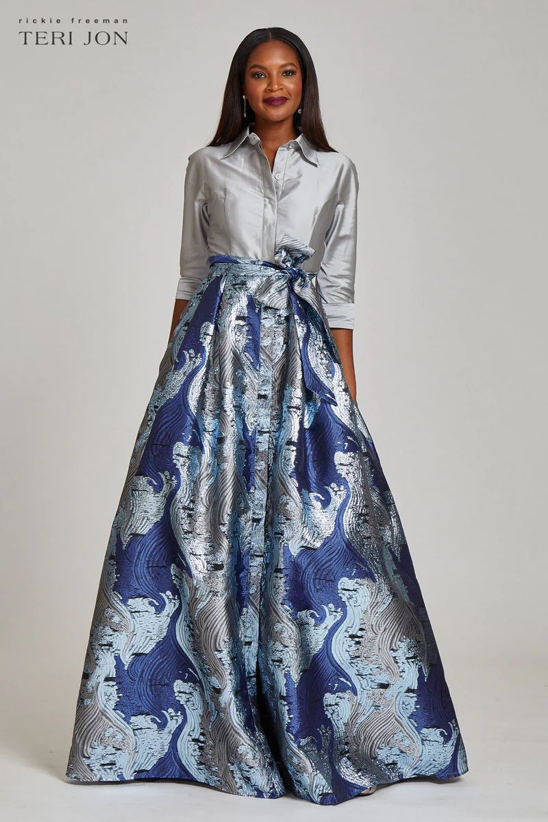 Taffeta Shirtwaist Gown With Abstract Organza Skirt | TERIJON