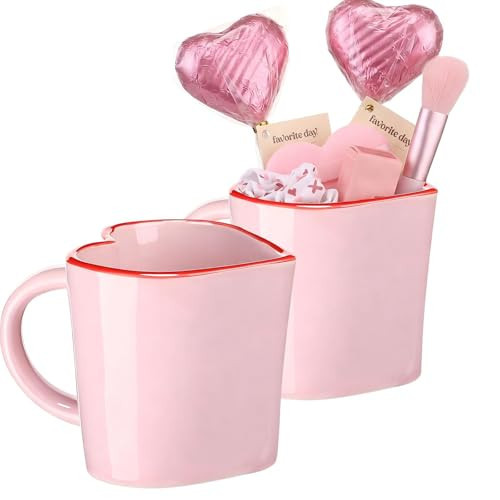 Vesici Set of 2 Valentine's Day Mugs Gift 12.5 oz Heart Shaped Ceramic Mugs with Red Rim Pink Coffee Cups DIY Galentine's Gift Goodies Basket Ideas for Couples Her Him Girls | Amazon (US)