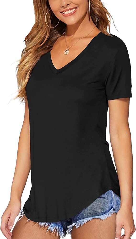 DittyandVibe Women Short Sleeve V Neck Curved Hem Tunic Tops T Shirts (Black,M) at Amazon Women’s Cl | Amazon (US)