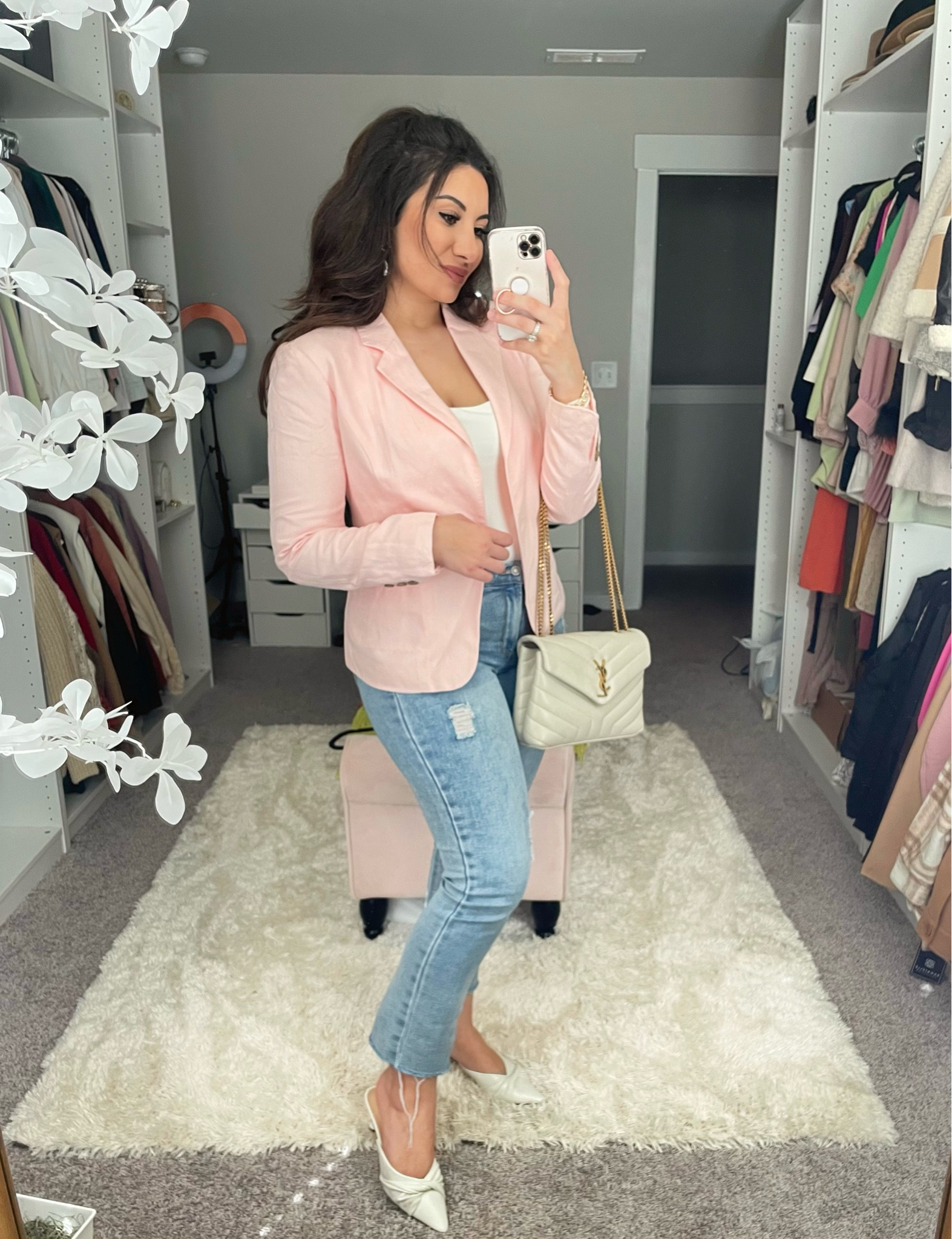 Pink linen blend blazer,  basic white square neck top, YSL Loulou bag, + my fave Kensie brand jeans!! Easy spring outfit idea 🌸🤍

#LTKFind #LTKSale #LTKunder50