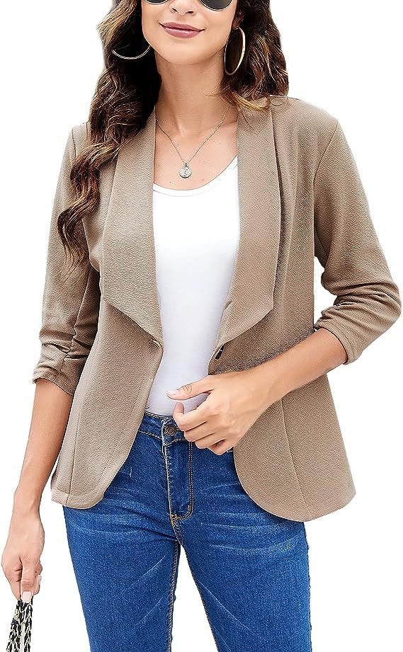 Beyove Women's 3/4 Stretchy Ruched Sleeve Open Front Lightweight Work Office Blazer Jacket with P... | Amazon (US)