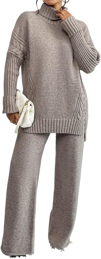 Women's Pullover Lightweight Sweater High Neck High Neck Drop Shoulder Slit Hem Sweater & Knit Pa... | Amazon (US)