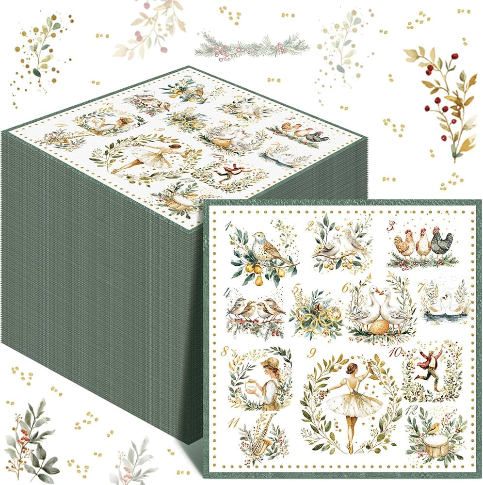 100 Pcs 12 Days of Christmas Napkins 2 Ply Decoupage Winter Holiday Cocktail Paper Napkin 5 x 5 Inch Partridge French Hens Gold Rings Disposable Hand Towel for Christmas Table Party Supplies(Green) | Amazon (US)