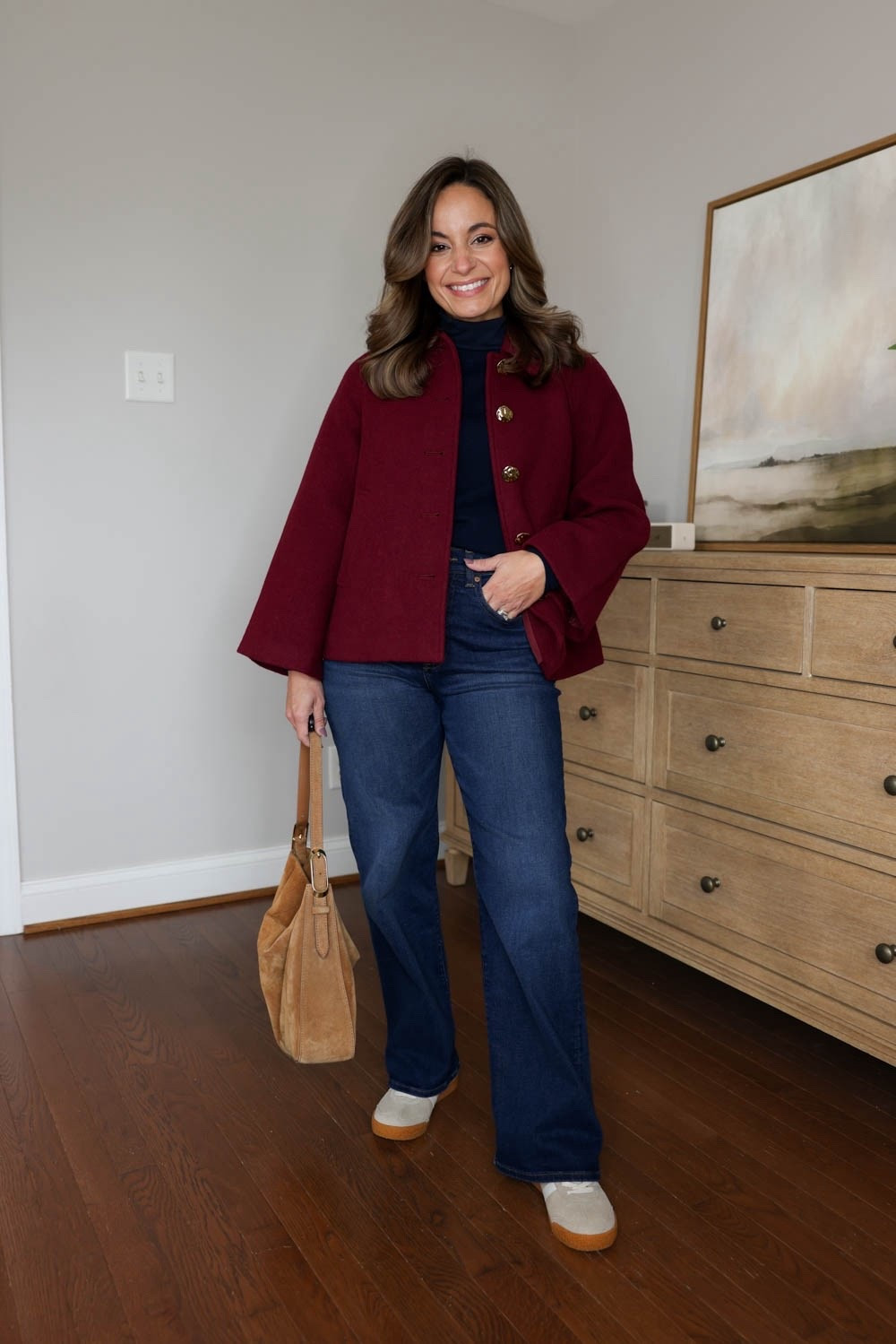 Fall capsule wardrobe series: eight outfits with wide leg jeans and flats or sneakers! 

Wide leg jeans (Madewell): petite 24 in pipestone wash | 10.5” rise | 28” inseam
Navy sweater (Quince): xs 
Navy turtleneck (J.Crew): xxs 
Burgundy coat (J.Crew Factory): petite xxs 
Sneakers (Gola): tts 

My measurements for reference: I’m 4’10” and 105lbs. My bust, waist, and hip measurement is 32”, 24”, and 36”.

#LTKPetite