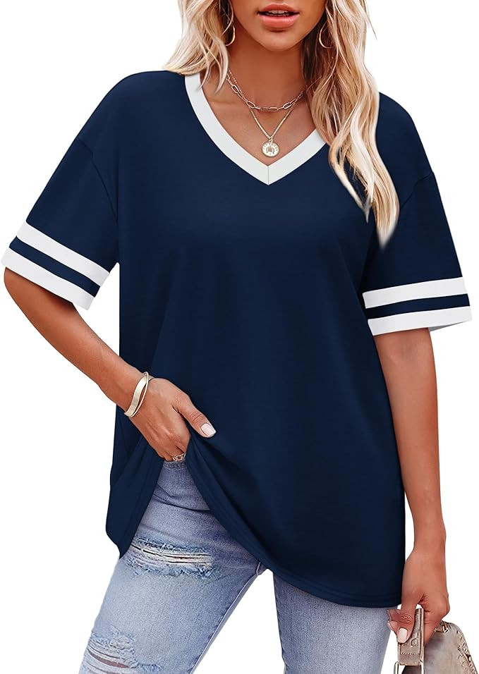 WIHOLL Womens T Shirts Loose Fit Short Sleeve Tees V Neck Color Block Summer Tops 2026 Fashion | Amazon (US)