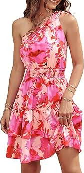 PRETTYGARDEN Women's Summer Tie One Shoulder Boho Floral Dress Elastic Waist Tiered Ruffle A Line... | Amazon (US)