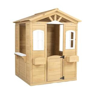 Wooden Playhouse for Kids Outdoor with Working Door, Windows, Mailbox, Flowers Pot Holder, Natural | The Home Depot
