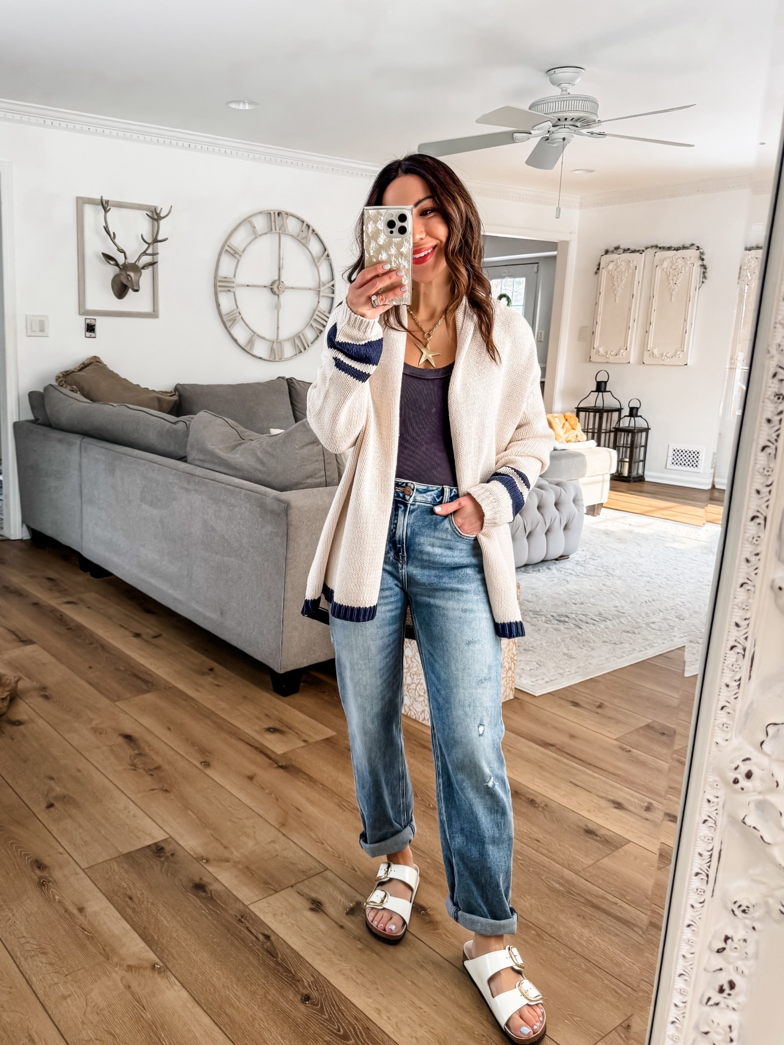 .Jeans 24 (sized down). Blue pants small. Sweaters small. Button-down shirt XS. Graphic tee small. Birkenstocks TTS. Jewelry code HOUSEOFLEO20. 

Boyfriend jeans

#LTKPetite #LTKOver40