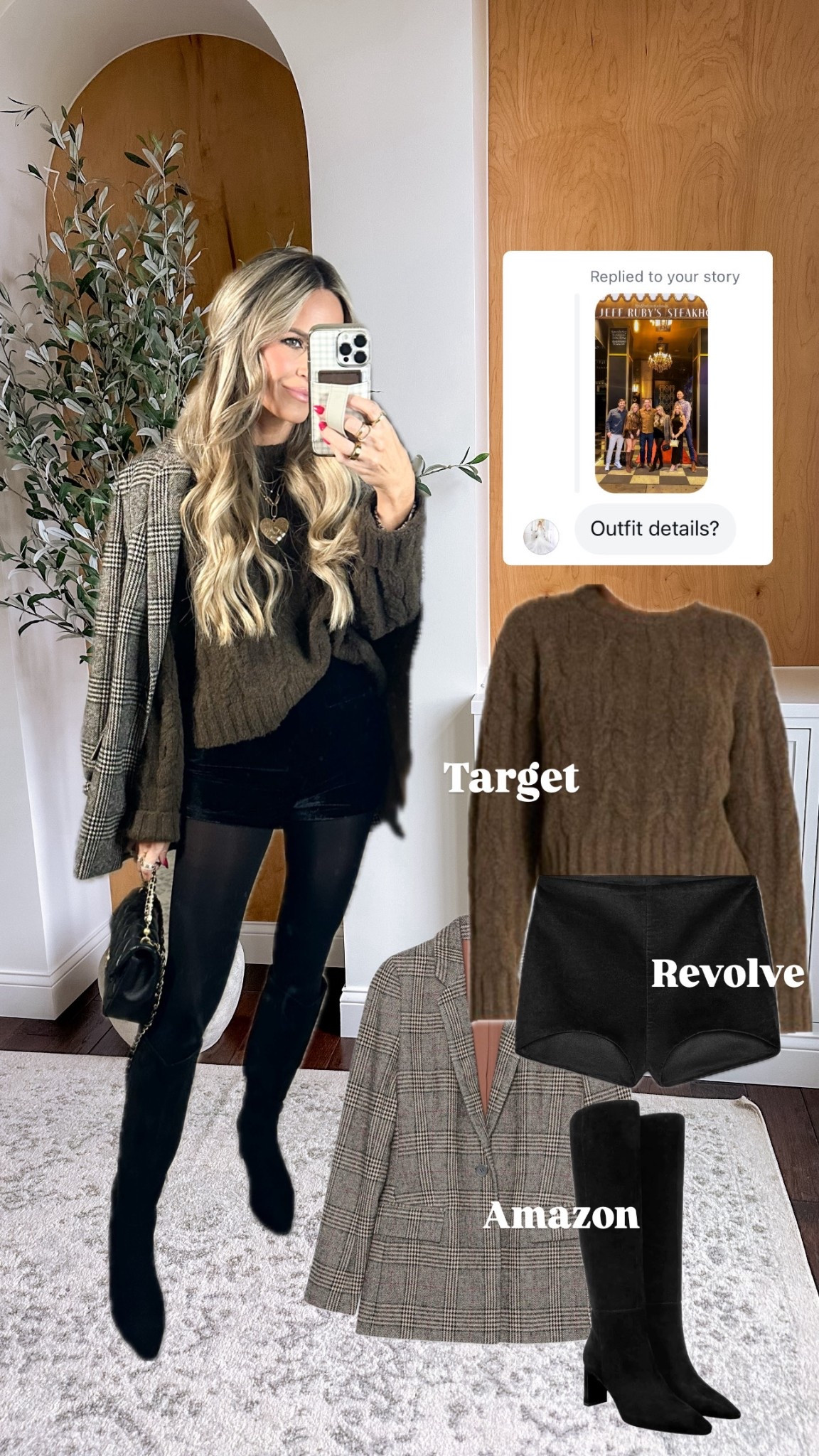 What I wore last night - velvet micro shorts (xs) linking a similar pair too that is more affordable, chunky cableknit sweater (sized up to m) plaid blazer (xs) and knee high boots!

Would make a great holiday outfit too

#LTKFindsUnder50 #LTKPetite #LTKHoliday