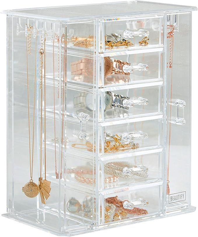 Beautify Clear Acrylic Jewelry Organizer Chest/Makeup Storage Box with 6 Drawers & Hanging Neckla... | Amazon (US)