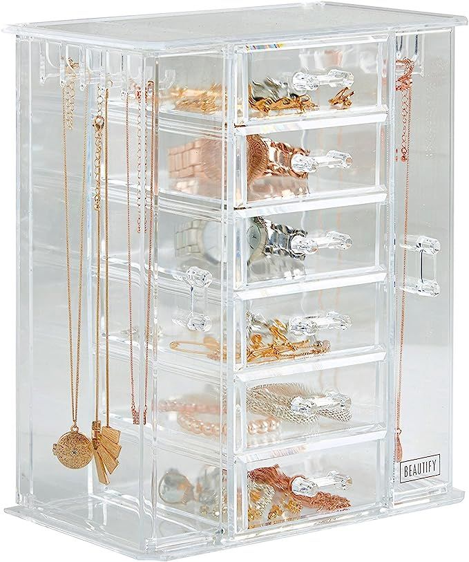 Beautify Clear Acrylic Jewelry Organizer Chest/Makeup Storage Box with 6 Drawers & Hanging Neckla... | Amazon (US)