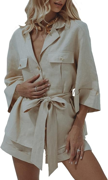 Linsery 2 Piece Linen Outfits Button Shirt Top and Mini Shorts Summer Sweatsuit Set | Amazon (US)