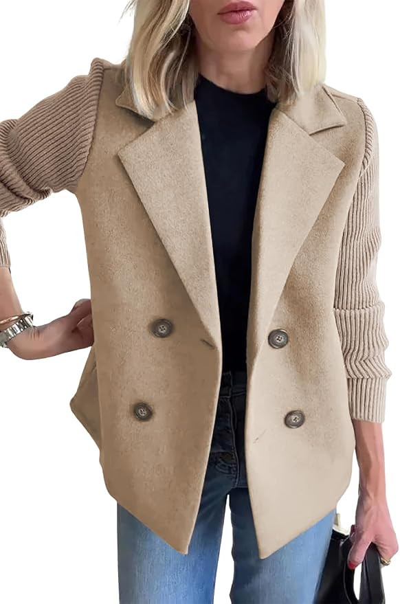 Women's Double Breasted Wool Pea Coat Notched Lapel Ribbed Knit Long Sleeve Sweater Short Blazer ... | Amazon (US)