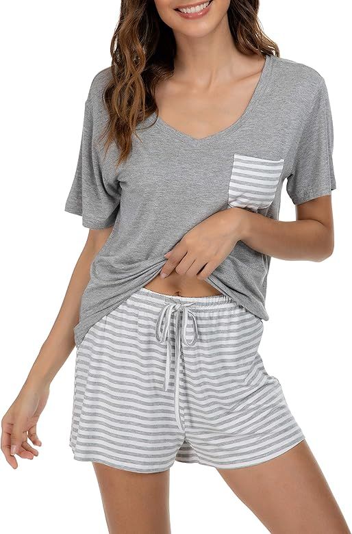 Women Nightwear Short Sleeve Shirt and Shorts Pajama Set V Neck Sleepwear | Amazon (US)