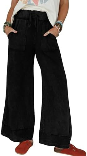 Athlisan Womens Baggy Wide Leg Sweatpants Casual Loose Acid Wash Elastic Waisted Palazzo Pants Tr... | Amazon (US)