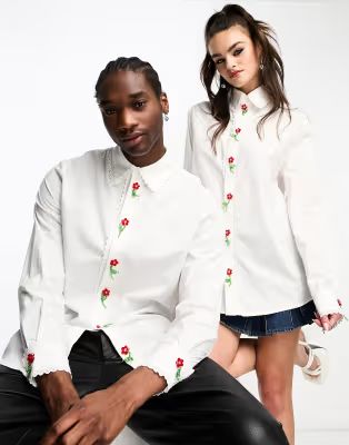 Sister Jane Unisex poppy embellished shirt in ivory | ASOS (Global)