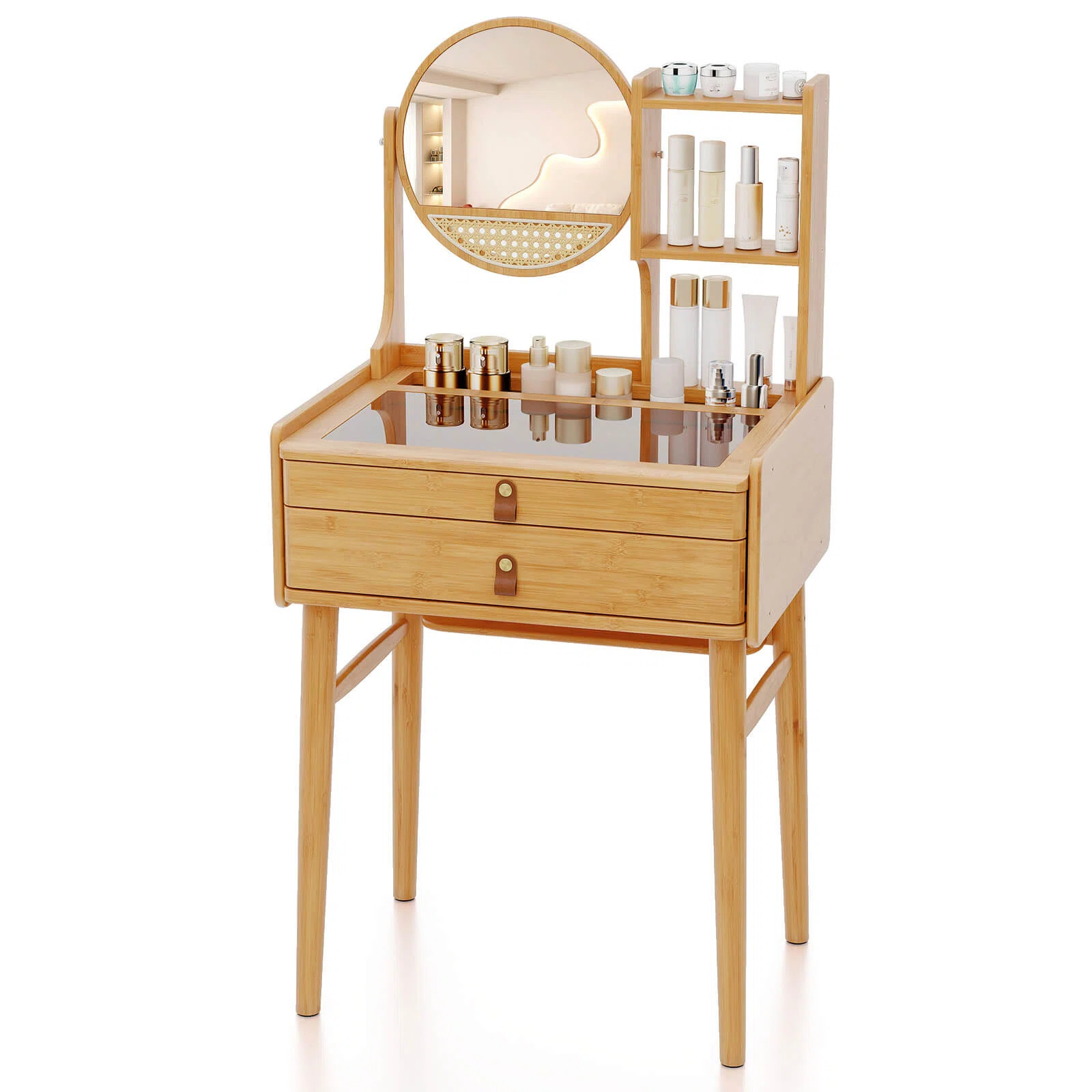 23.5" Compact Makeup Table with 2 Drawers Open Storage Shelves and Glass Top | Wayfair North America