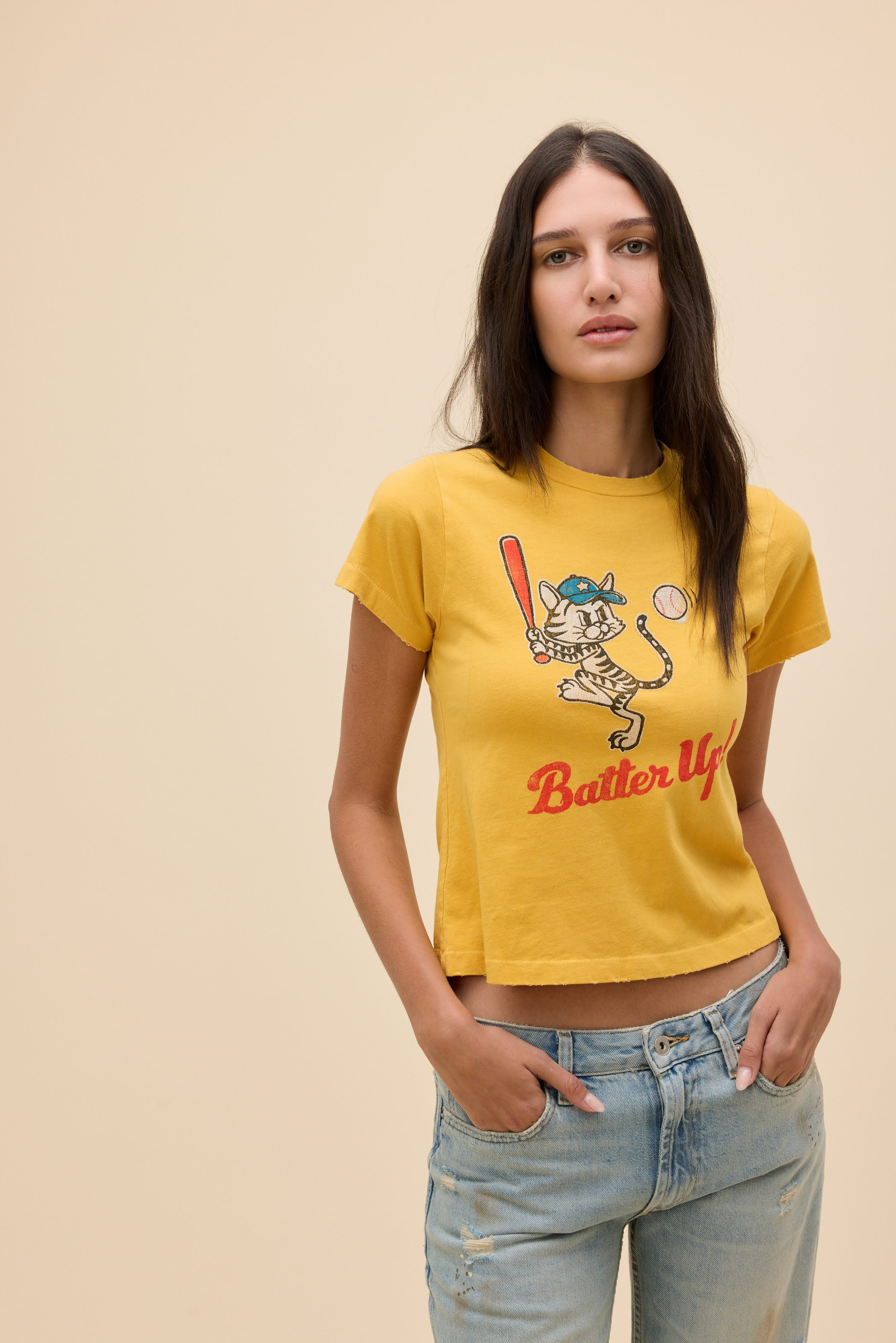 Batter Up Kitty Vintage Tee in Yellow | 100% Cotton T-Shirt in Yellow Honey | Daydreamer