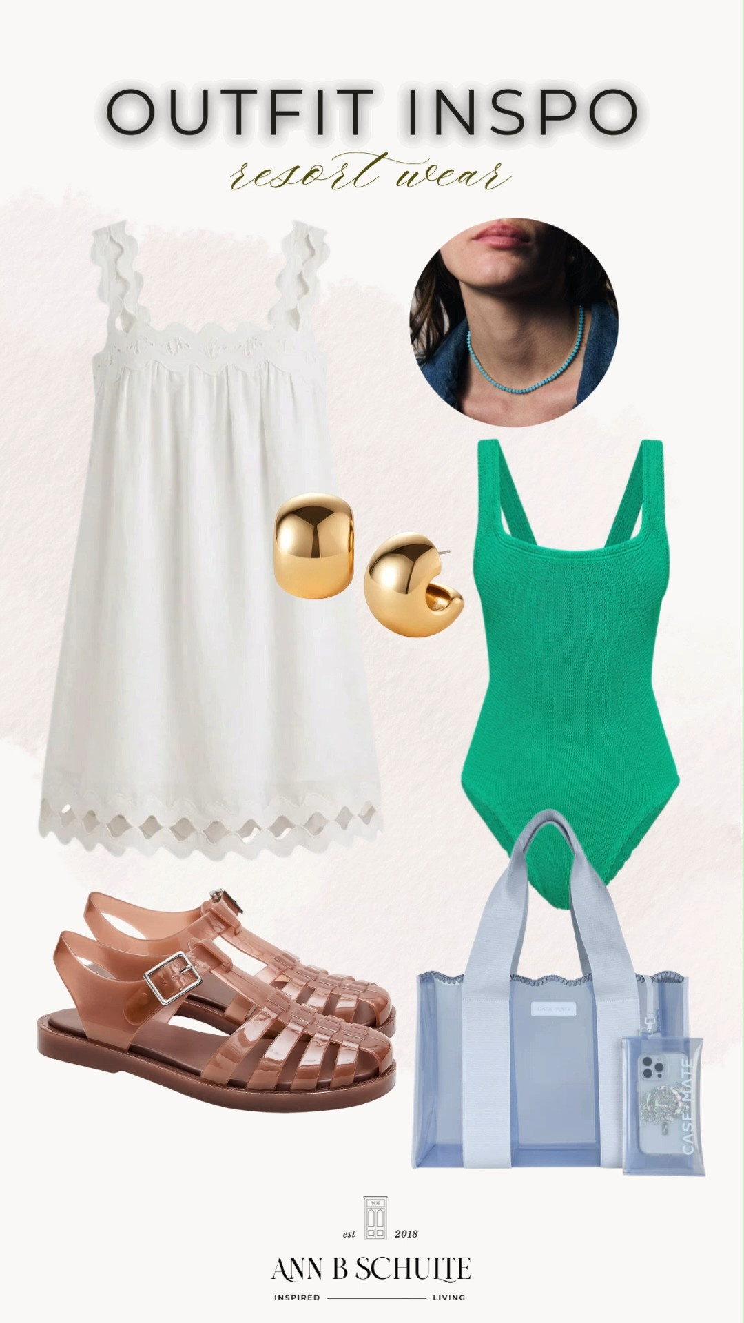 Linen mini dress, jelly sandals, and a splash of turquoise make resort wear feel playful and polished. Vacation mode, but with a little sparkle and a lot of ease ✨🌴💙

#LTKstyle #resortwear #linenminidress #jellysandals #jellytote #hoopearrings #turquoisenecklace #vacationoutfit #ootd #outfitinspo 

 #LTKootd #LTKSwim #LTKTravel