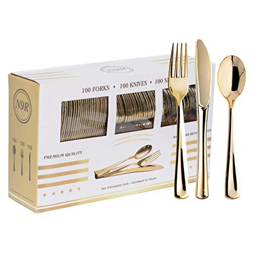 N9R 300PCS Gold Plastic Silverware, Heavy Duty Gold Plastic Cutlery Set Disposable Flatware Dinnerware, 100 Forks, 100 Spoons, 100 Knives, Perfect for Party, Wedding and Daily Use | Amazon (US)