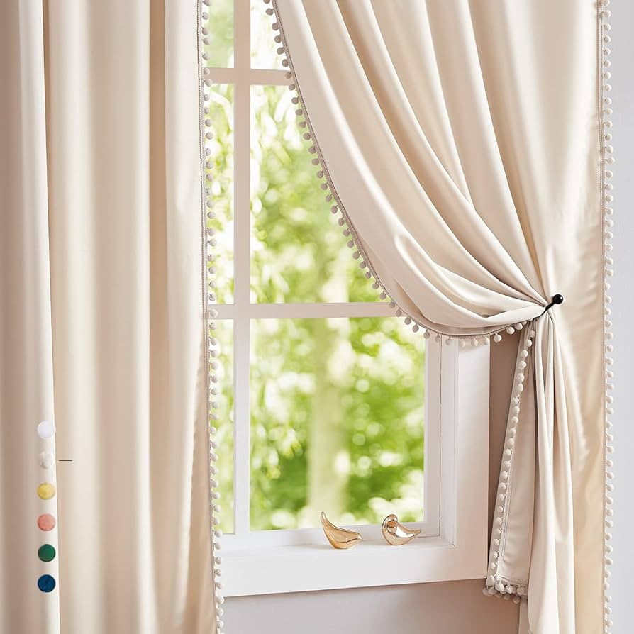 Pom-Pom Cream Velvet Curtain 84inches Long Window Drapes for Living Room Cotton Feel Soft Ivory W... | Amazon (US)