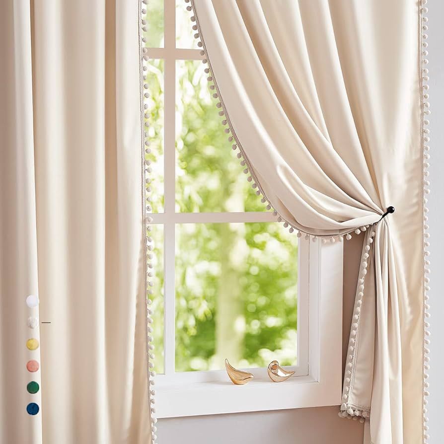 Pom-Pom Cream Velvet Curtain 84inches Long Window Drapes for Living Room Cotton Feel Soft Ivory W... | Amazon (US)
