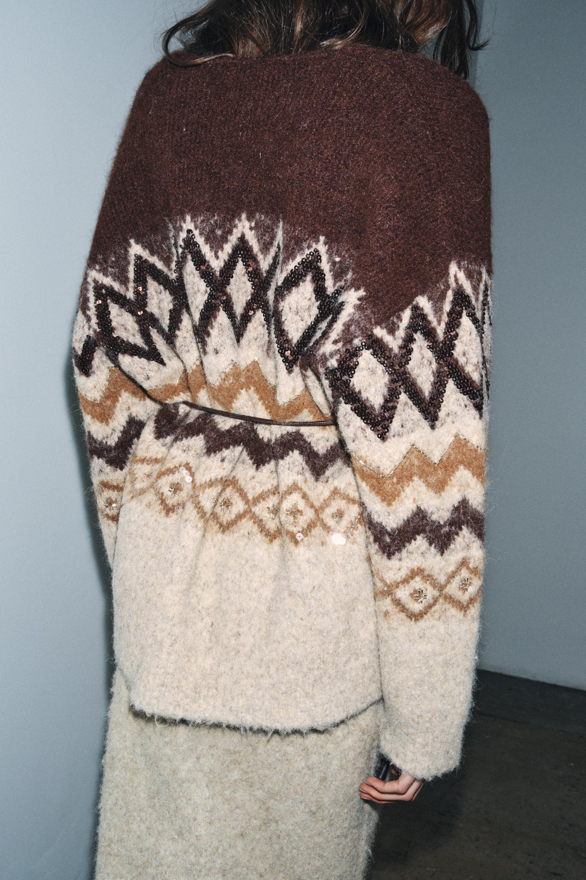 SEQUINED JACQUARD KNIT CARDIGAN WITH BELT | Zara US