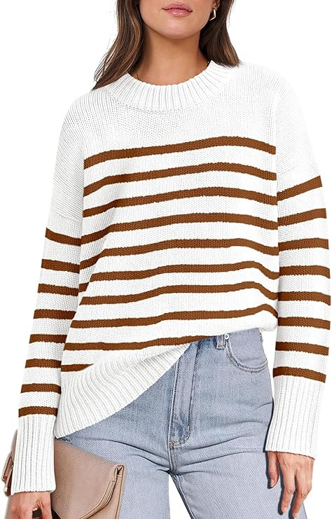 ANRABESS Women Fall Fashion Sweaters Striped Long Sleeve Crewneck Loose Fit Cozy Knit Trendy Pull... | Amazon (US)