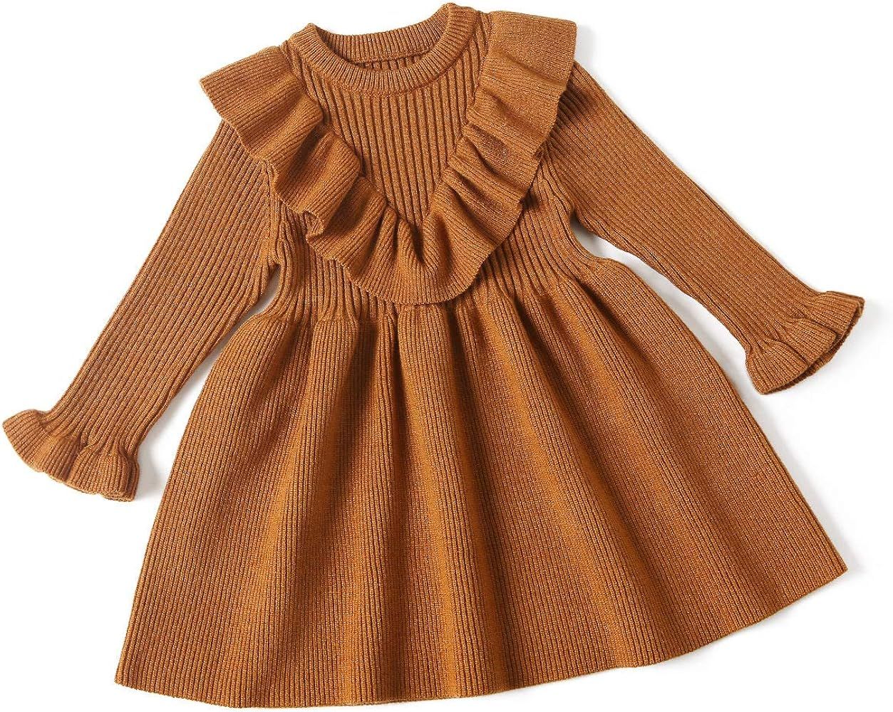 Curipeer Infant Toddler Girls Sweater Dresses Long Sleeve Ribbed Knit Pullover Ruffle Cozy Dress | Amazon (US)