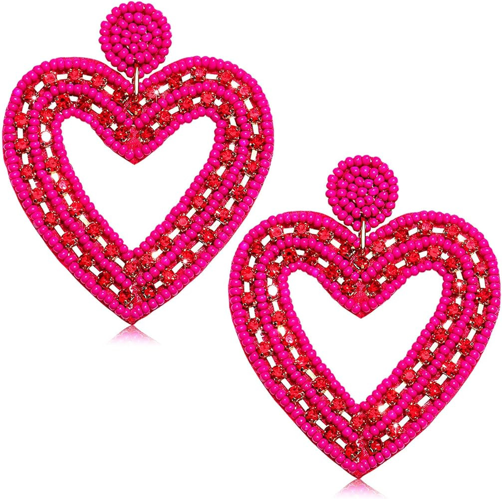 Valentine’s Heart Earrings for Women Girls Beaded Heart Dangle Earrings Romantic Rhinestone Love Hea | Amazon (US)