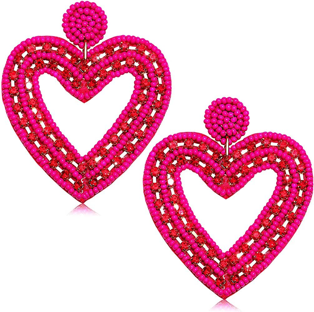 Valentine’s Heart Earrings for Women Girls Beaded Heart Dangle Earrings Romantic Rhinestone Lov... | Amazon (US)