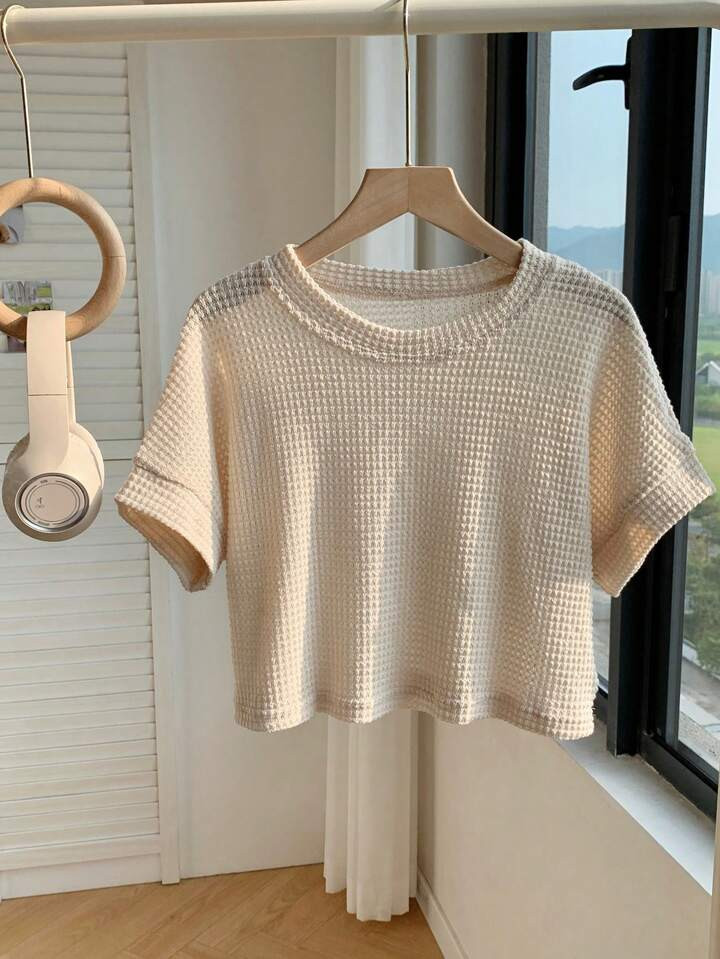 Comfortcana Summer TopsSolid Waffle Knit Batwing Sleeve Tee | SHEIN