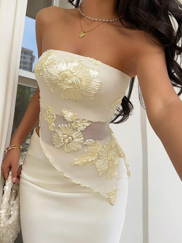 Sunnyshic Apricot Mesh Knit Embroidered Floral Lining Sheer Backless Crop Top With Side Slit Asymmetric Hem, Fitted Silhouette, Elegant Vintage Style For Commute, Casual, Date, Autumn/Winter | SHEIN