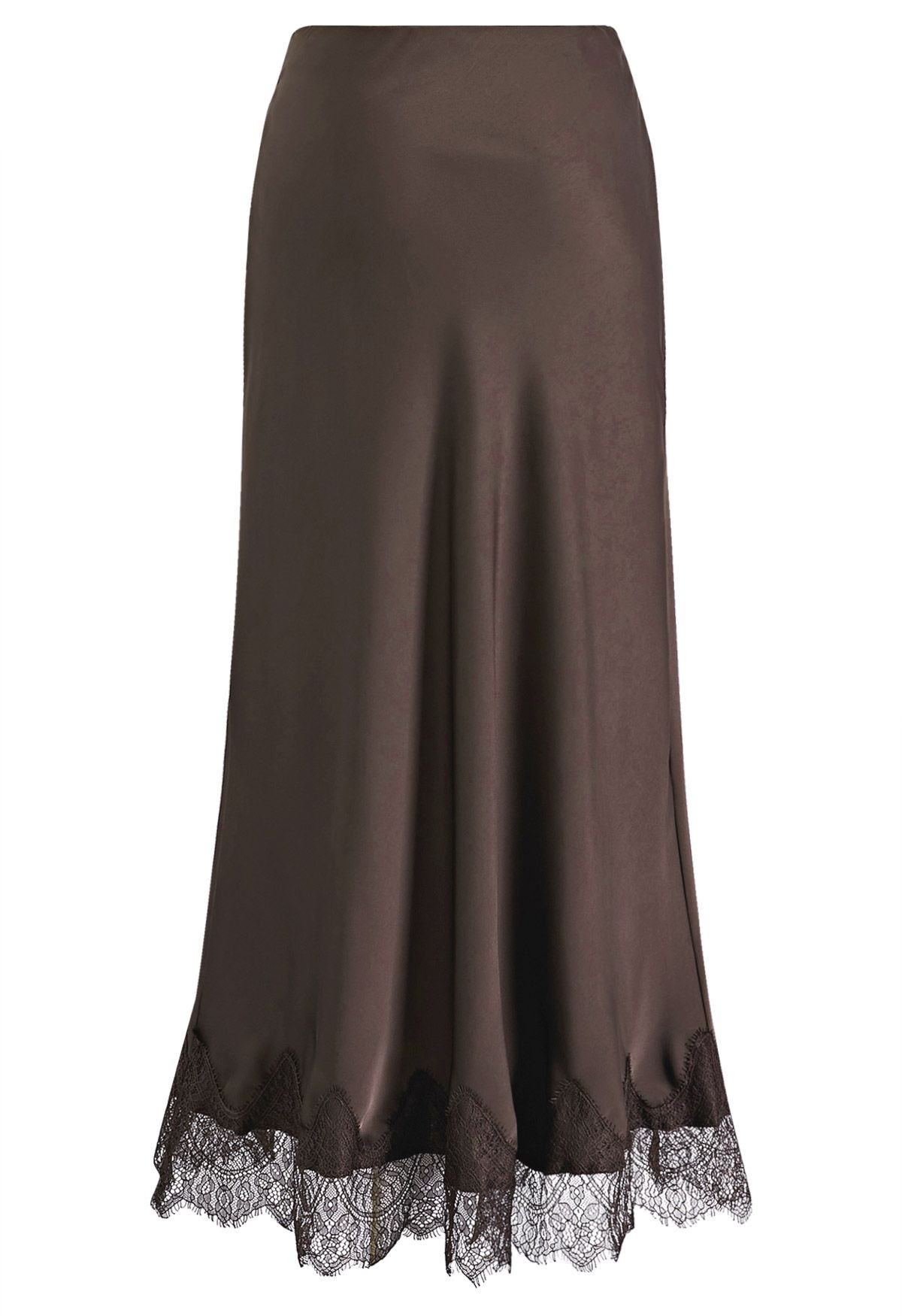 Silky Scalloped Lace Trim Satin Maxi Skirt in Chocolate Brown for Office Styling & Weekend Outing... | Chicwish