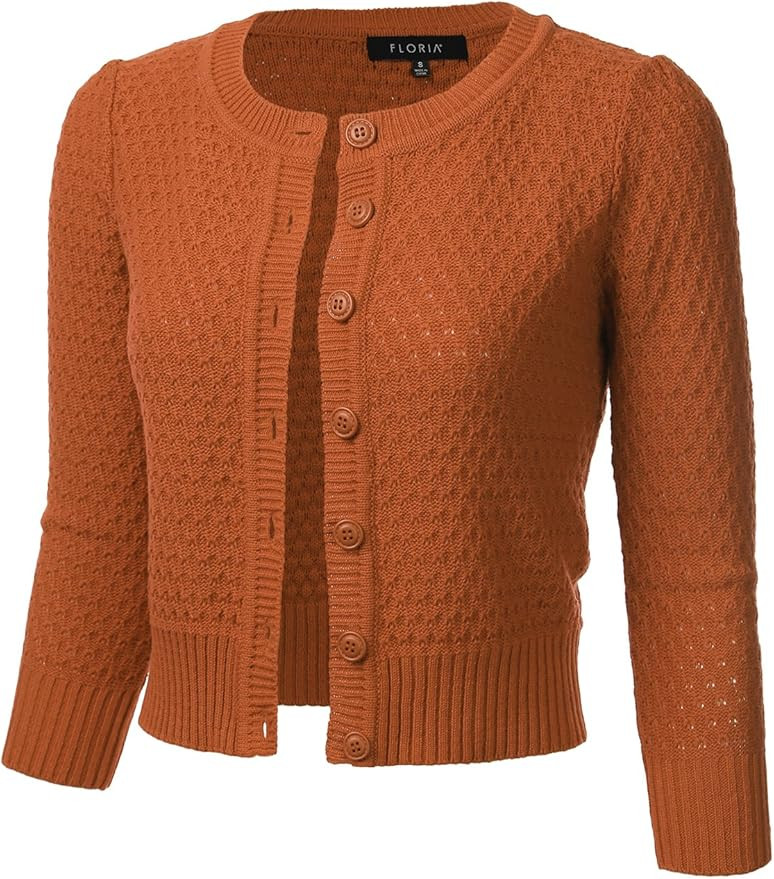 FLORIA Women's Button Down 3/4 Sleeve Crew Neck Cotton Knit Cropped Cardigan Sweater (S-3X) | Amazon (CA)