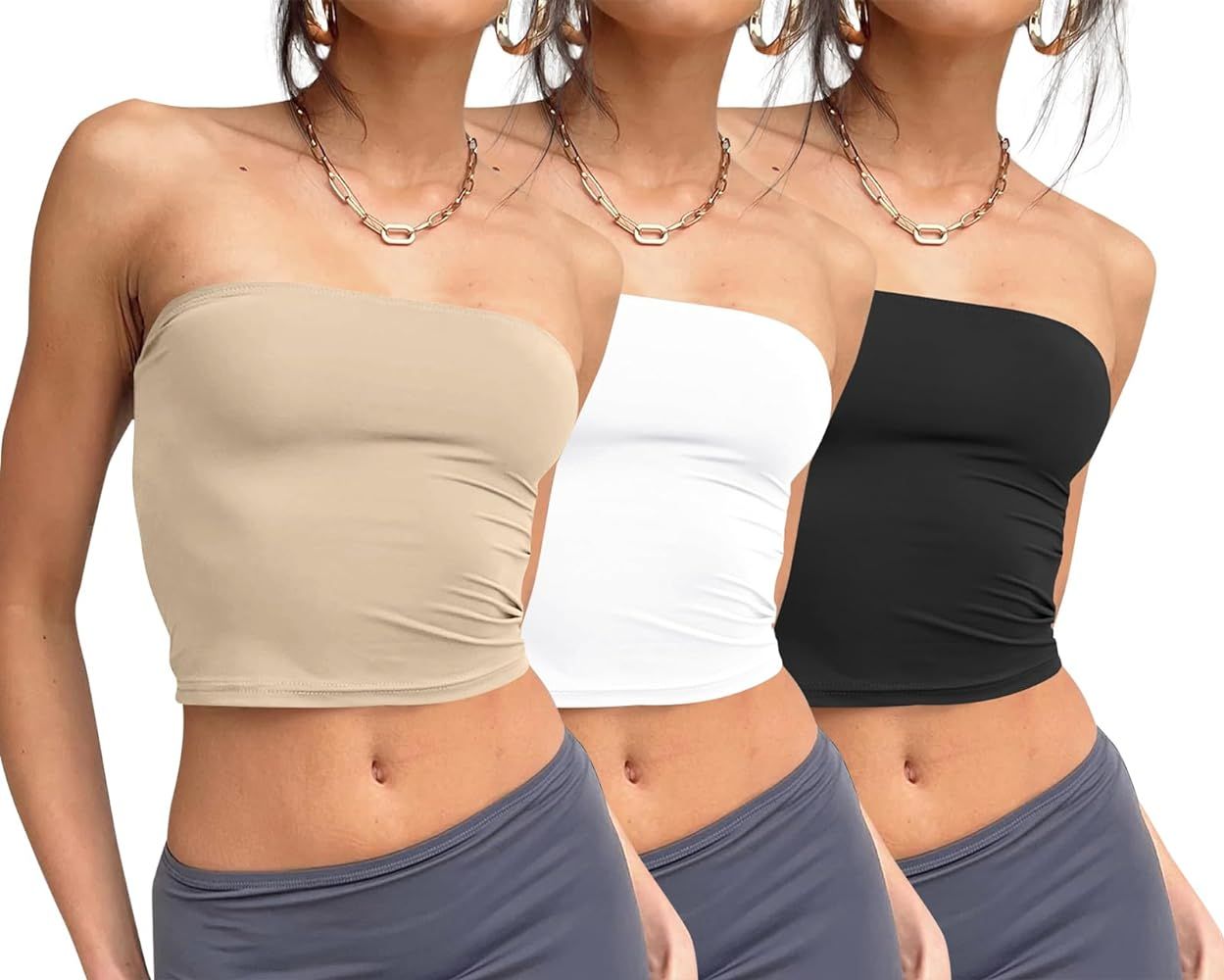 Trendy Queen Womens 3 Pack Tube Tops Crop Tops Going Out Strapless Basic Backless Bandeau Bra Sum... | Amazon (US)