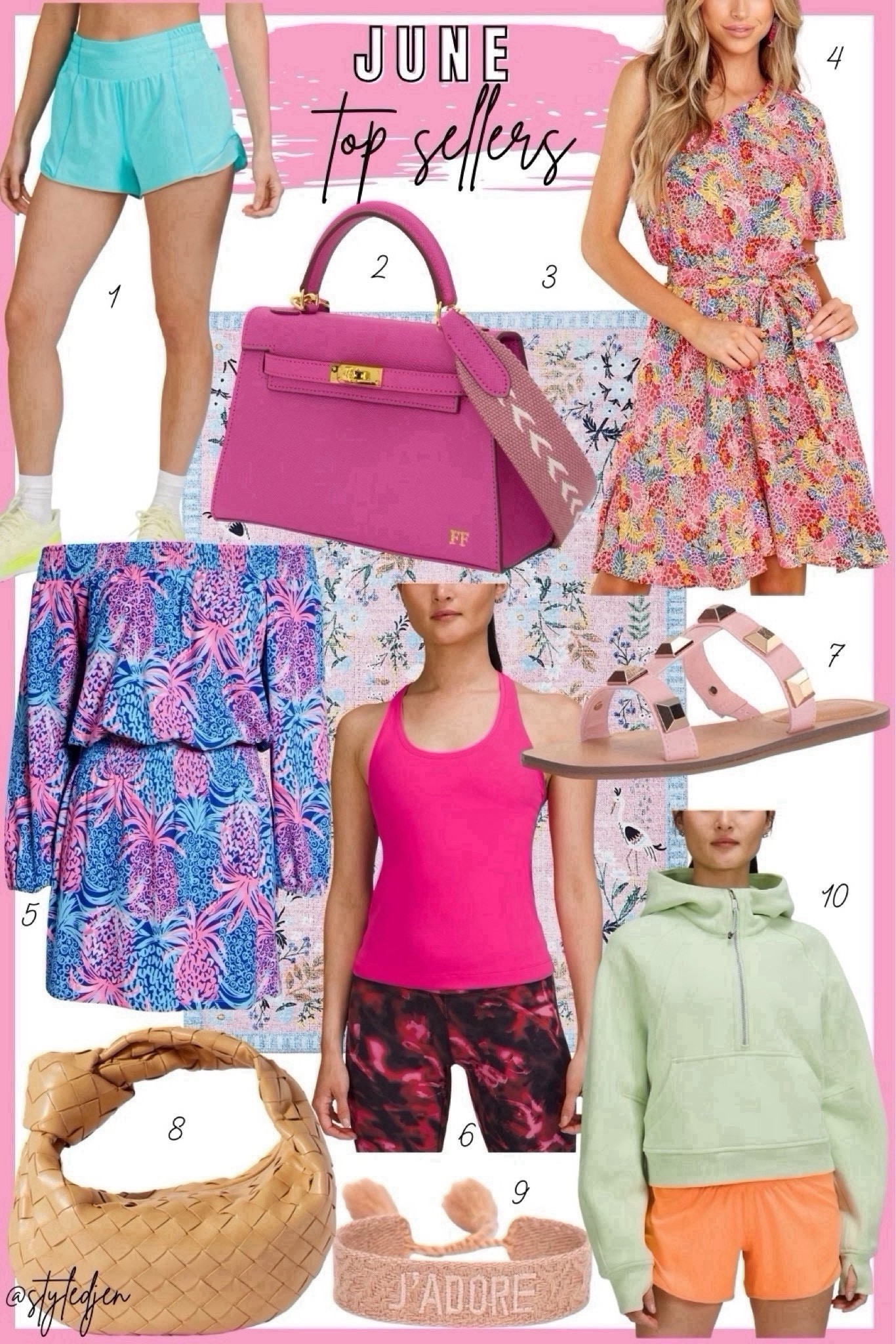 June top sellers - lilly Pulitzer romper, lily and bean hettie bag, bottega veneta mini jodie lookalike, one shoulder dress, lululemon scuba hoodie, lululemon tank, lululemon shorts, Marc fisher stud rockstud sandals, Anthropologie rug, woven bracelet 



#LTKSeasonal #LTKfindsunder100 #LTKstyletip
