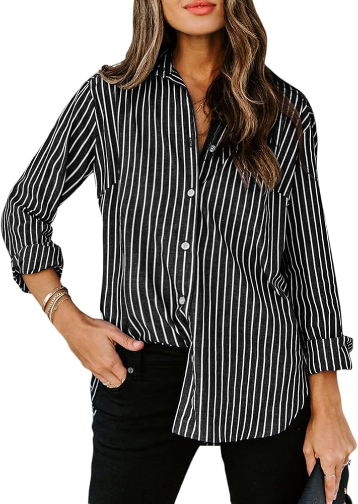 siliteelon Womens Button Down Shirts Cotton Striped Dress Shirt Long Sleeve Collared Office Work ... | Amazon (US)