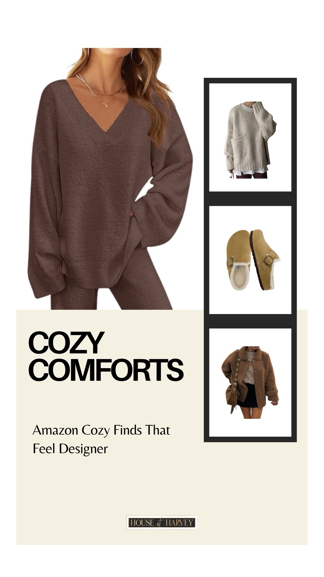Cozy comforts—Amazon cozy finds that feel designer! This week highlights elevated cozy staples—oversized sweaters, chic knit dresses, shearling details, and polished loungewear. I found the best pieces all from Amazon that embody this vibe. I found sets, sweaters, dresses and other accessories all under $100. All linked ⬆️

#ltkcreator #ltkfinds #ltkwatchnow #amazon #amazonfinds #cozy #cozyforfall #cozyfinds #sweaters #cozysets #sherpa #slippers 

#LTKSeasonal #LTKStyleTip #LTKFindsUnder100