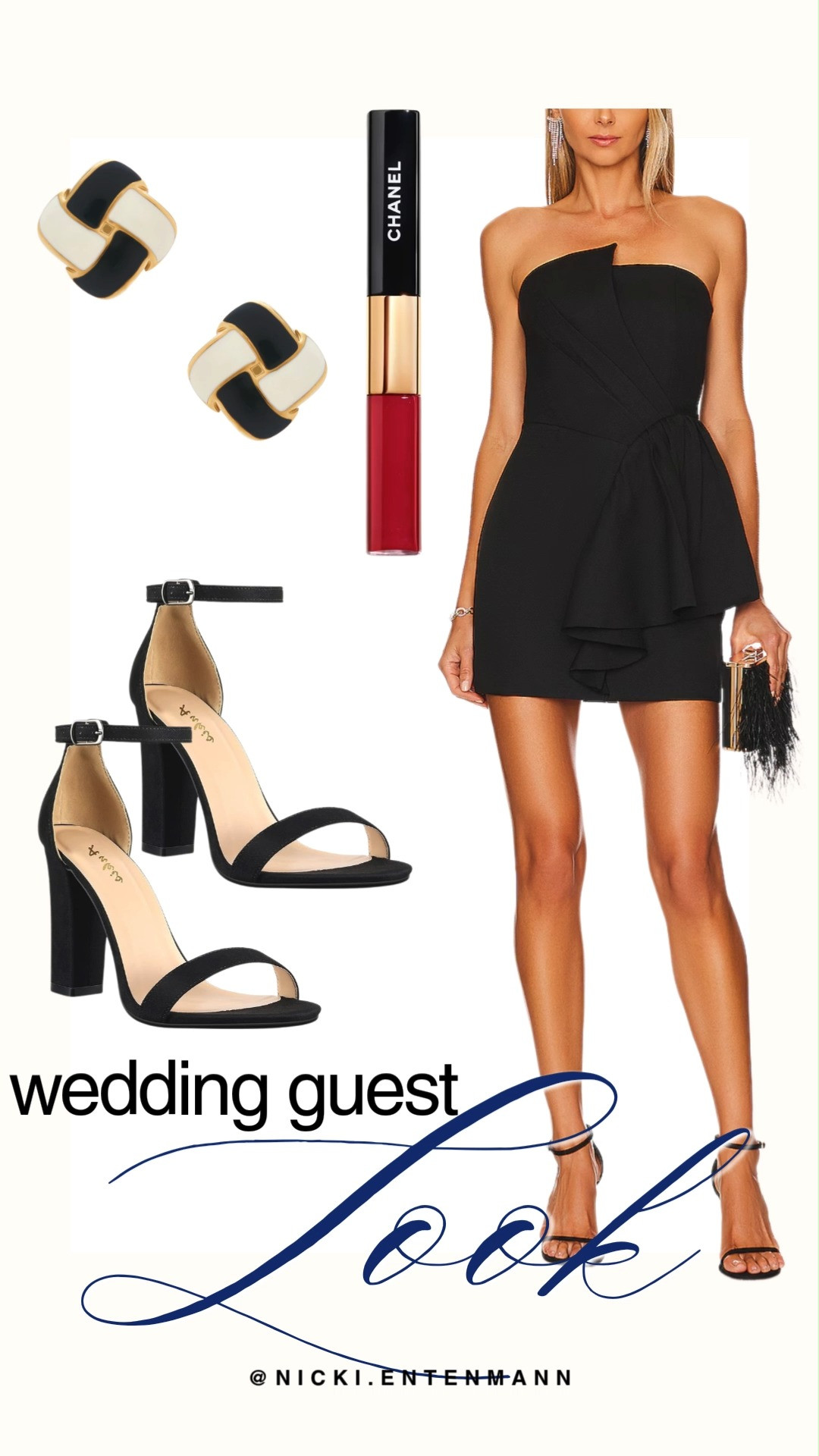 This timeless black strapless mini dress is the ultimate choice for your next wedding guest look. Pair this elegant outfit with matching black block heels and a textured feather clutch for a sophisticated evening aesthetic. Complete the ensemble with vintage inspired black and white statement earrings and a bold Chanel red lip. This chic combination offers a polished and modern style that is perfect for any formal celebration or special event.

#weddingguestlook #littleblackdress #weddingguestoutfit #formalstyle #chanelbeauty #eveningwear #ootdinspo #chicstyle #weddinggueststyle #blackdress 

 #LTKgrwm #LTKootd #LTKWedding