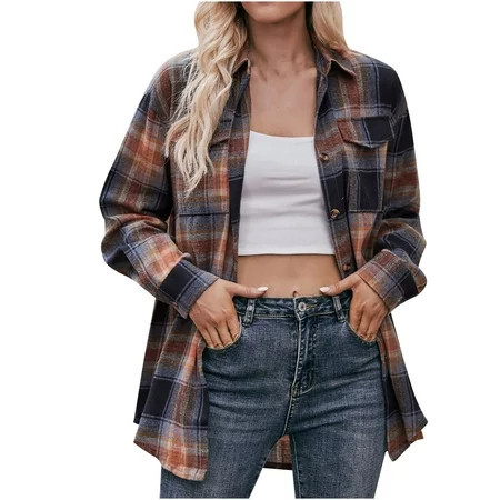 Scyoekwg Womens Jackets Trendy Casual Plaid Shirts Fashion Lightweight Fall Outfits Long Sleeve Tops Button Up Lapel Shirts Loose with Pocket Cardigan Jacket (Khaki XXL) | Walmart (US)