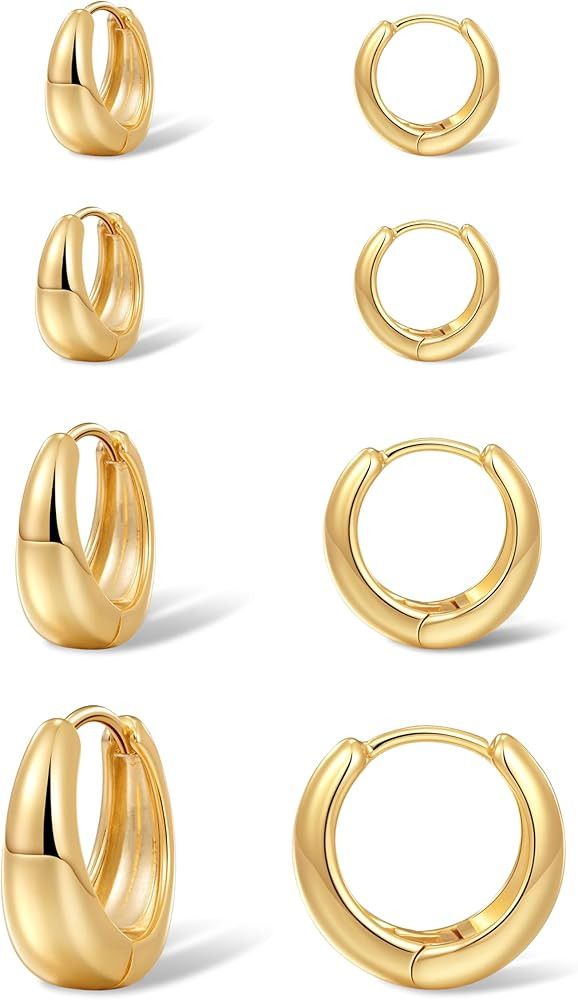 Foxgirl 4 Pairs Small Chunky Huggie Hoop Earrings for Women - Dainty 14K Gold Plated Hypoallergen... | Amazon (US)