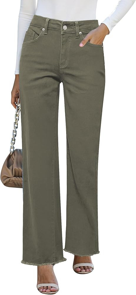 GRAPENT Straight Leg Jeans for Women High Waisted Stretchy Frayed Raw Hem Loose Denim Pants Casua... | Amazon (US)