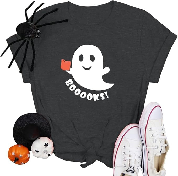 Halloween BOOOOKS Shirt Women Cut Ghost Books Graphic Tees Funny Halloween Party Teacher Shirt | Amazon (US)